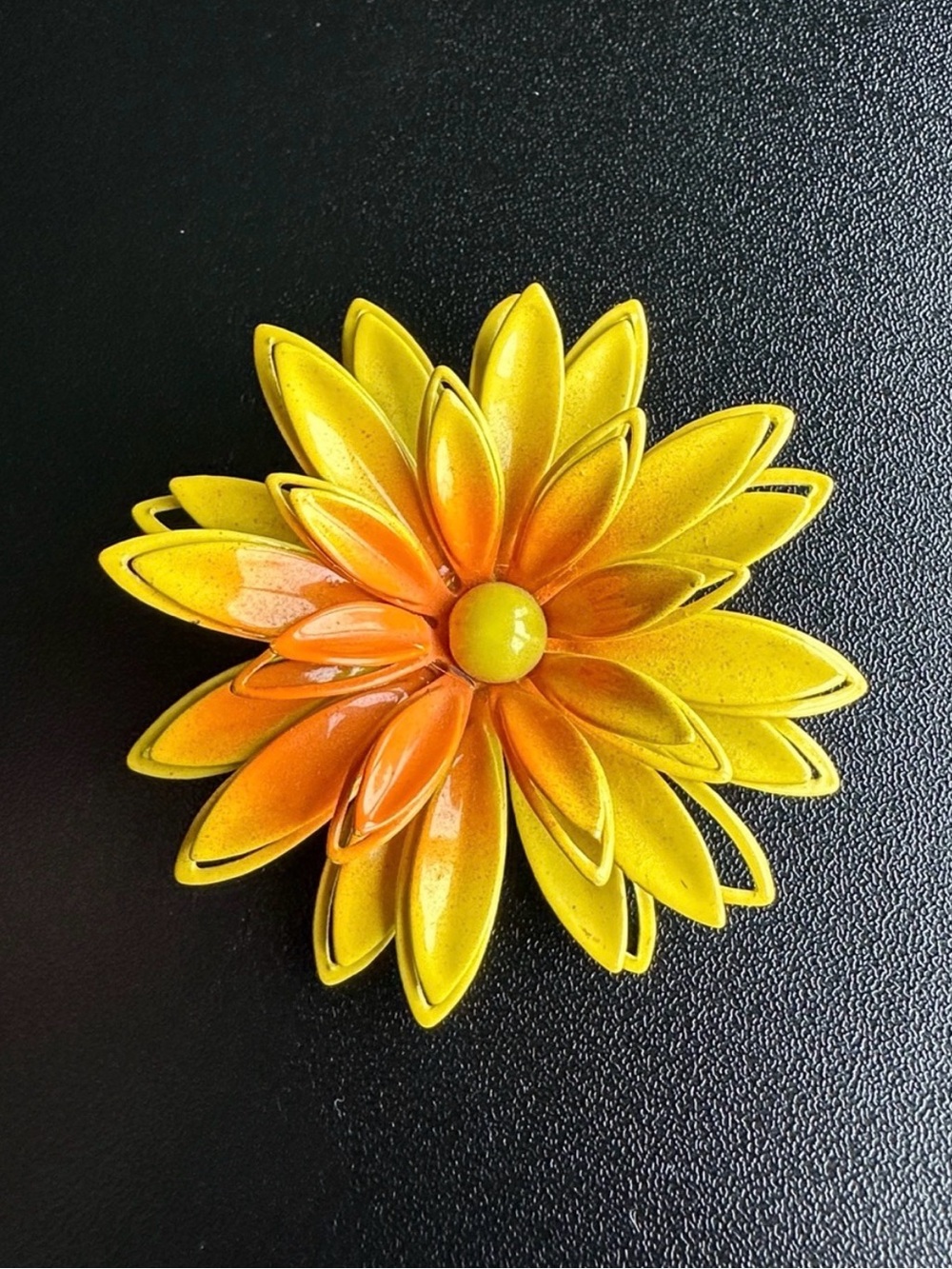 Vintage 1960s Mod Enamel Flower Power Daisy Brooch Pin Yellow Orange Ombre LARGE